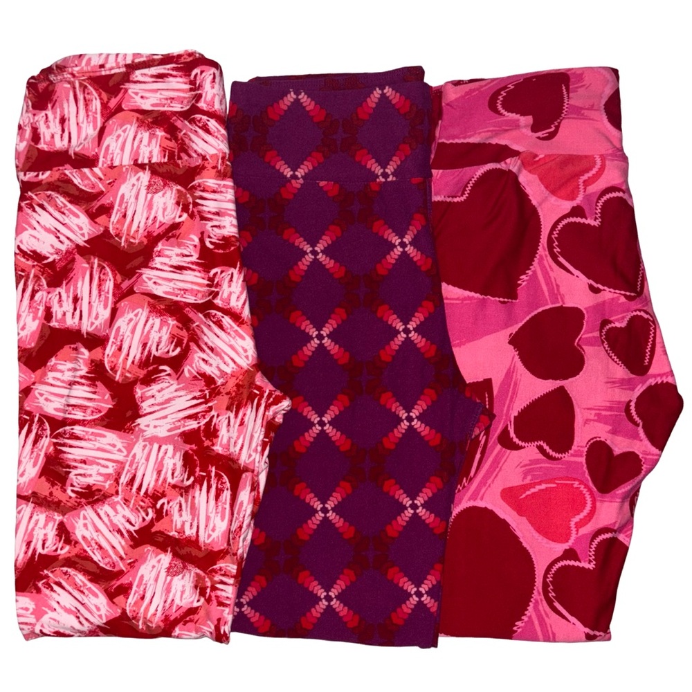 Lot of 3 LuLaRoe OS Leggings Hearts Patterns Red Pink Mahogany Purple White
